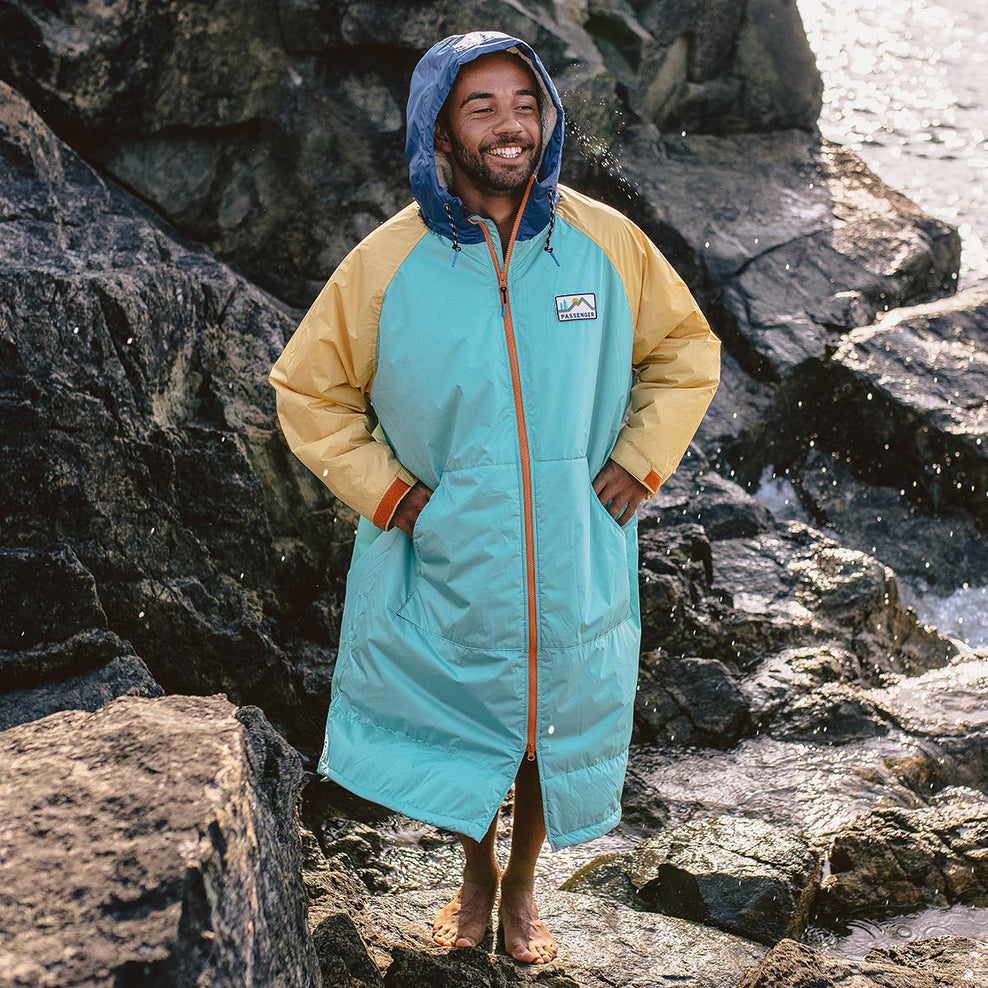 Passenger's Roaming Recycled Sherpa Lined Changing Robe Blue Turquoise/Ochre Yellow