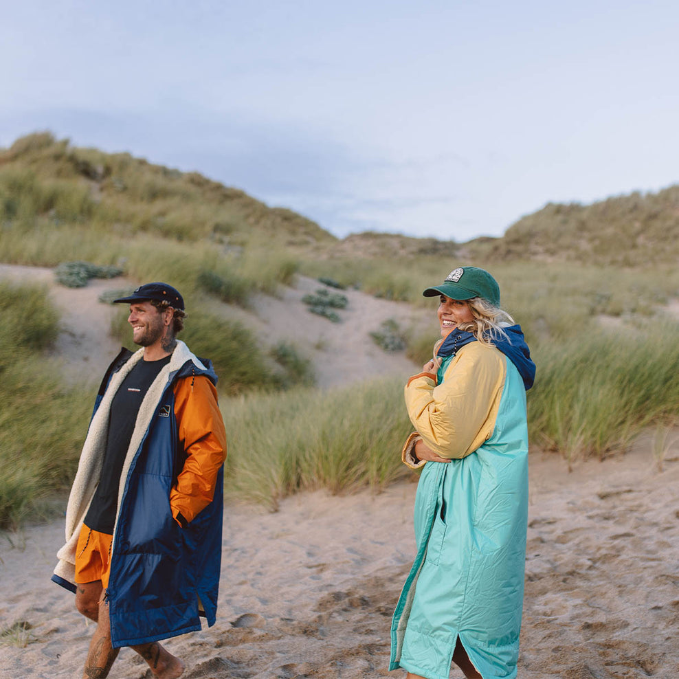 Passenger's Roaming Recycled Sherpa Lined Changing Robe Blue Turquoise/Ochre Yellow