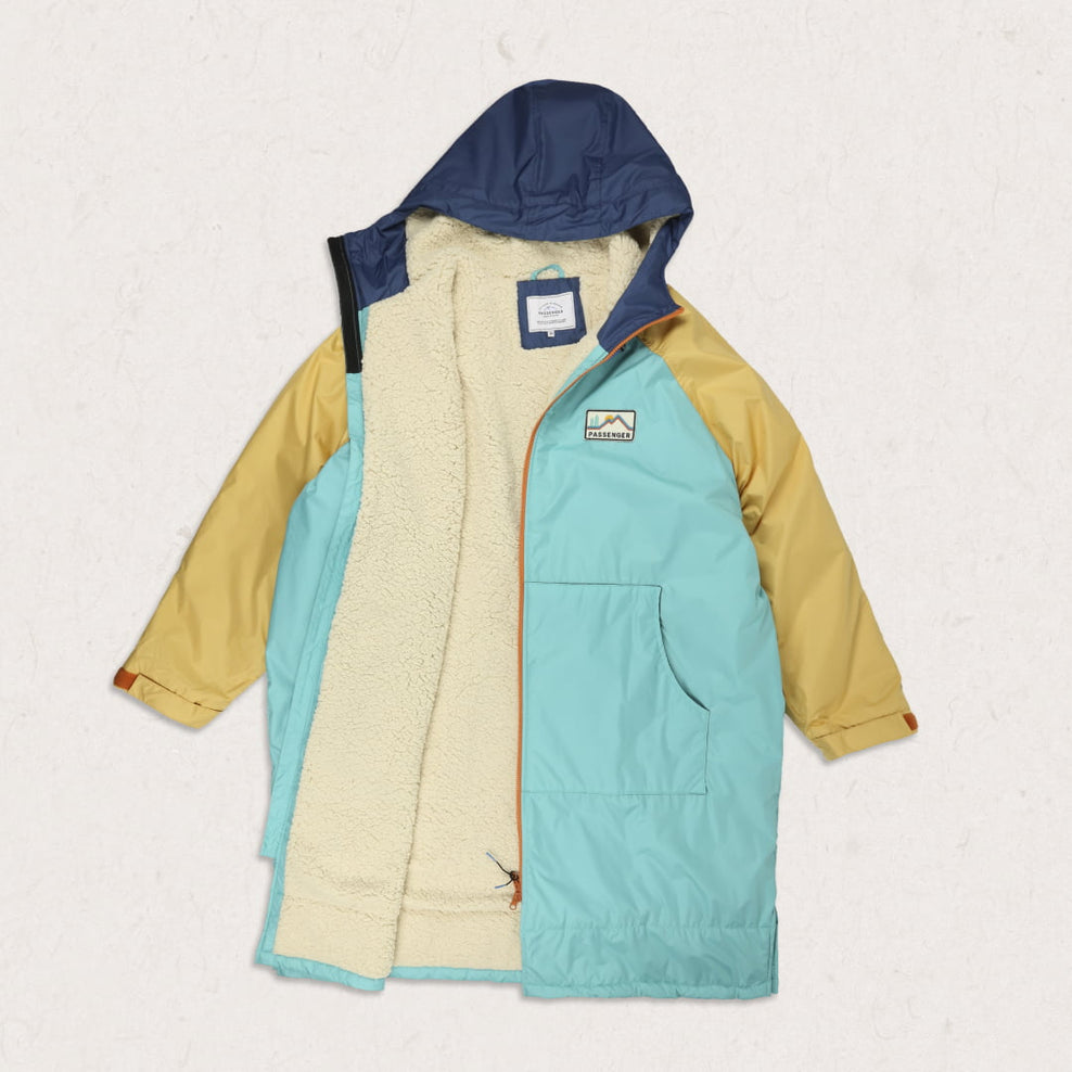 Passenger's Roaming Recycled Sherpa Lined Changing Robe Blue Turquoise/Ochre Yellow