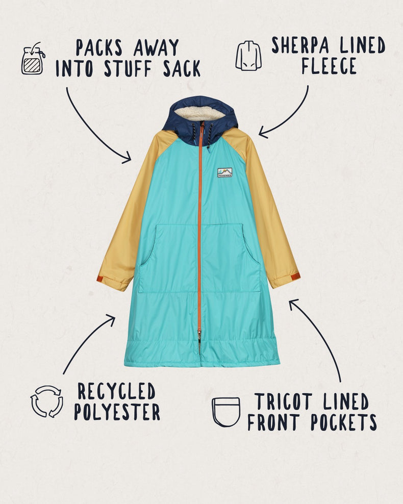 Passenger's Roaming Recycled Sherpa Lined Changing Robe Blue Turquoise/Ochre Yellow