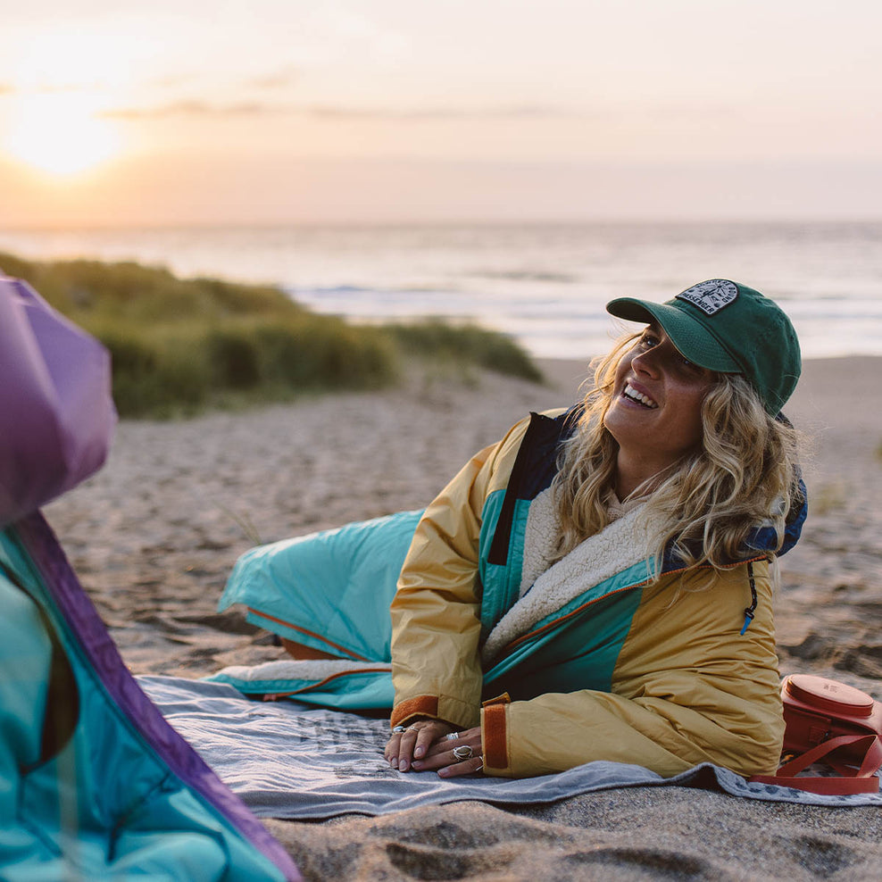 Passenger's Roaming Recycled Sherpa Lined Changing Robe Blue Turquoise/Ochre Yellow