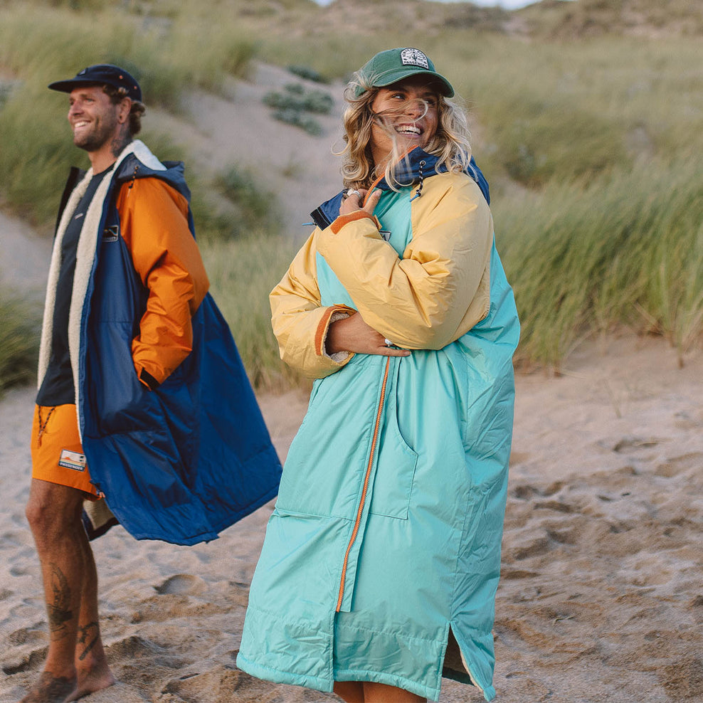 Passenger's Roaming Recycled Sherpa Lined Changing Robe Blue Turquoise/Ochre Yellow