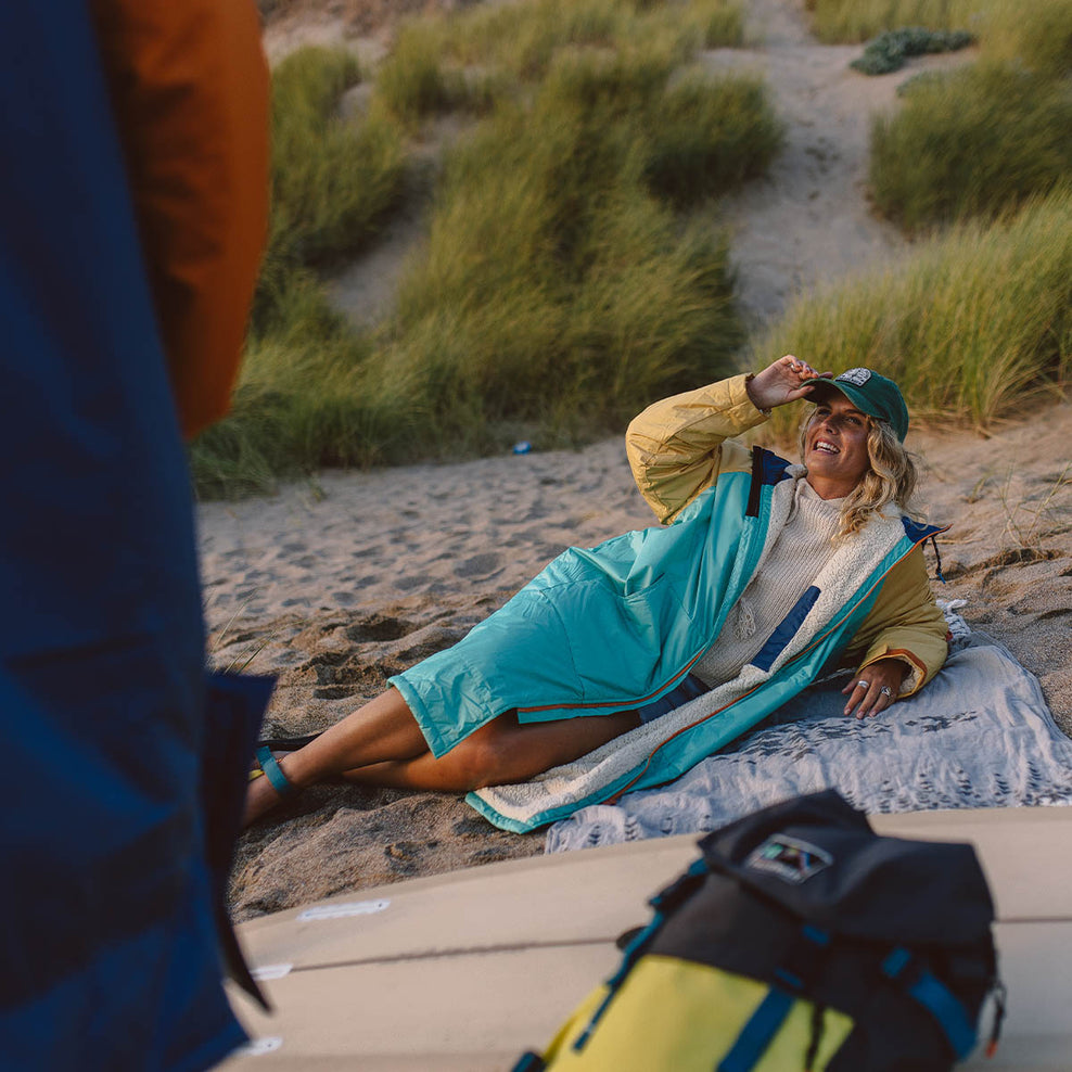 Passenger's Roaming Recycled Sherpa Lined Changing Robe Blue Turquoise/Ochre Yellow