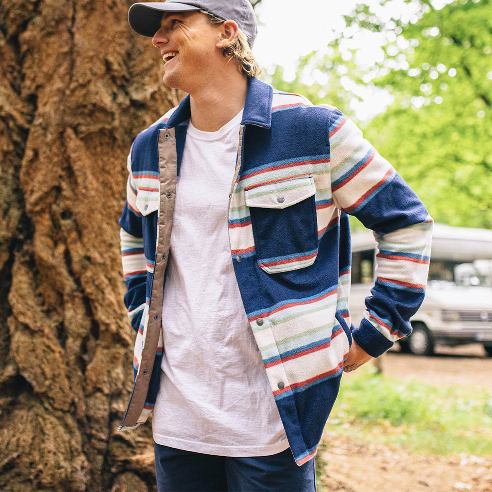 Passenger Maple Recycled Polar Fleece Shirt Navy Mix Up Stripe