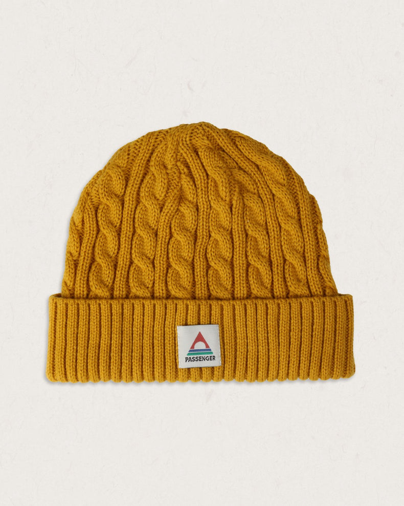 Passenger Fireside Recycled Cable Knit Beanie Mustard Yellow