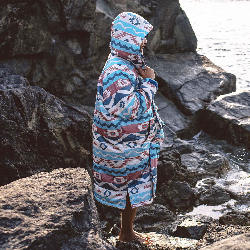 Passenger Roaming Recycled Sherpa Lined Changing Robe Multi Geo Stripe Coral