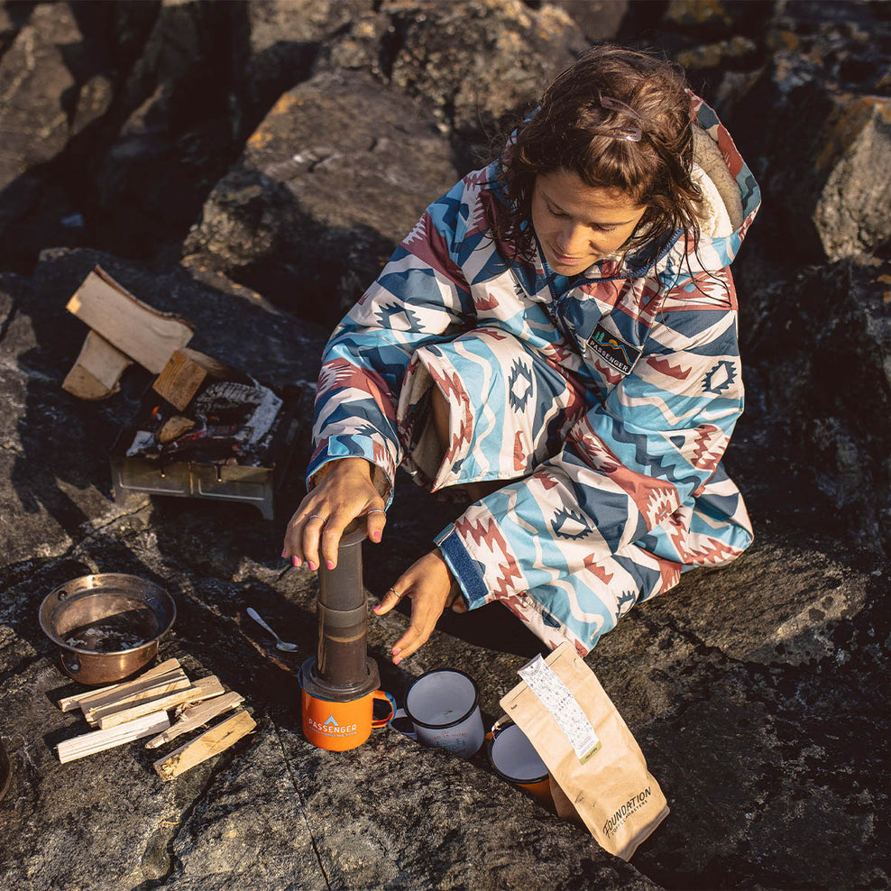 Passenger Roaming Recycled Sherpa Lined Changing Robe Multi Geo Stripe Coral