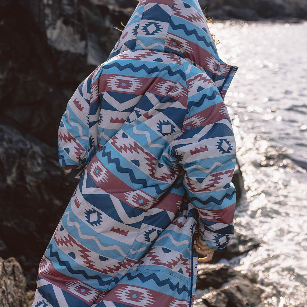 Passenger Roaming Recycled Sherpa Lined Changing Robe Multi Geo Stripe Coral