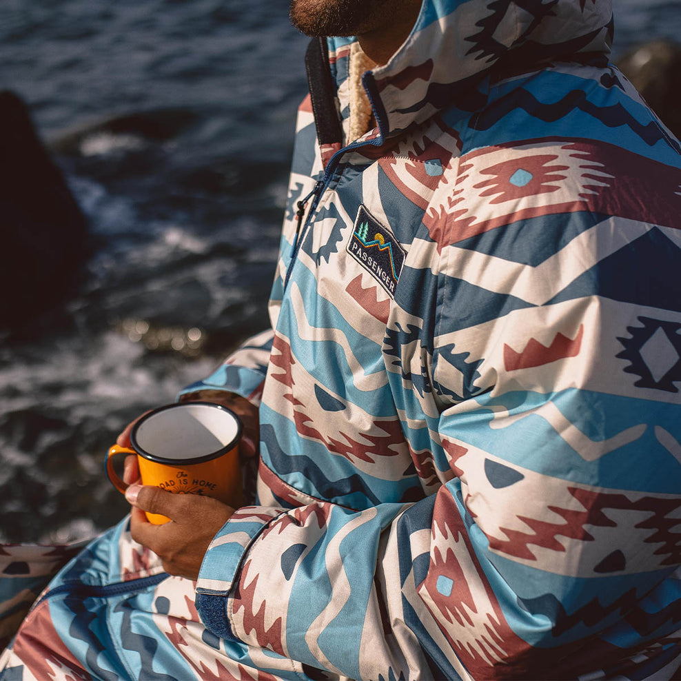 Passenger Roaming Recycled Sherpa Lined Changing Robe Multi Geo Stripe Coral