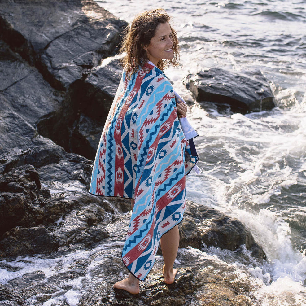 Passenger Portland Recycled Beach Towel Multi Geo Stripe Coral