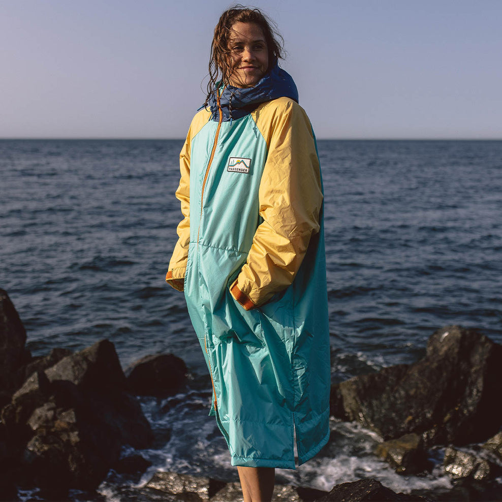 Passenger Roaming Recycled Sherpa Lined Changing Robe Blue Turquoise/Ochre Yellow