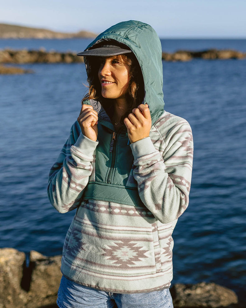 Passenger Alexander Hooded 1/2 Zip Recycled Polar Fleece Pistachio Pattern/Deep Ocean