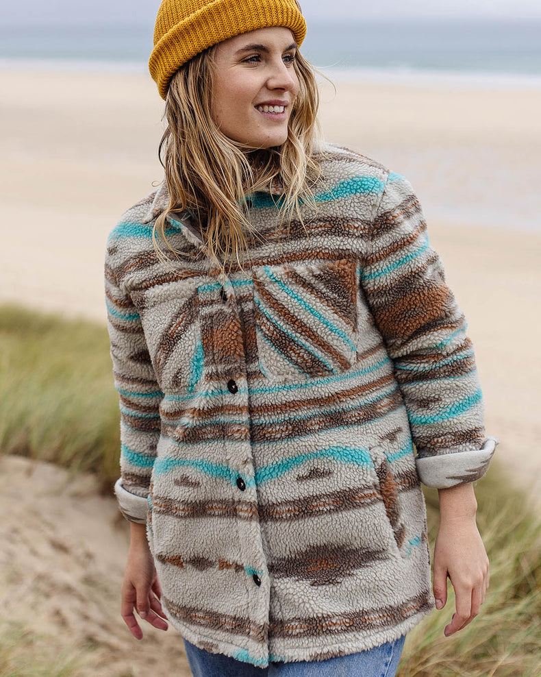 Passenger Olympus Recycled Deep-Pile Sherpa Fleece Shirt Warm Ivory Geo Pattern