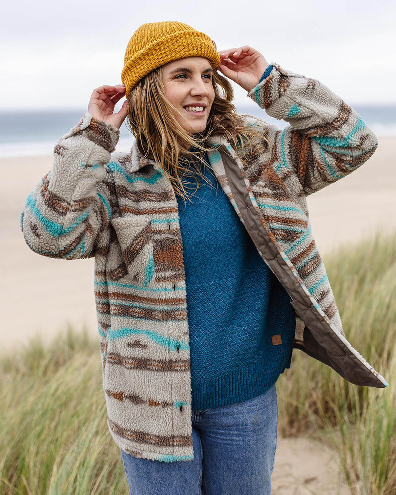 Passenger Olympus Recycled Deep-Pile Sherpa Fleece Shirt Warm Ivory Geo Pattern