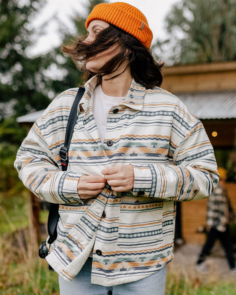 Passenger Cibola Recycled Sherpa Lined Overshirt Birch Geo Pattern
