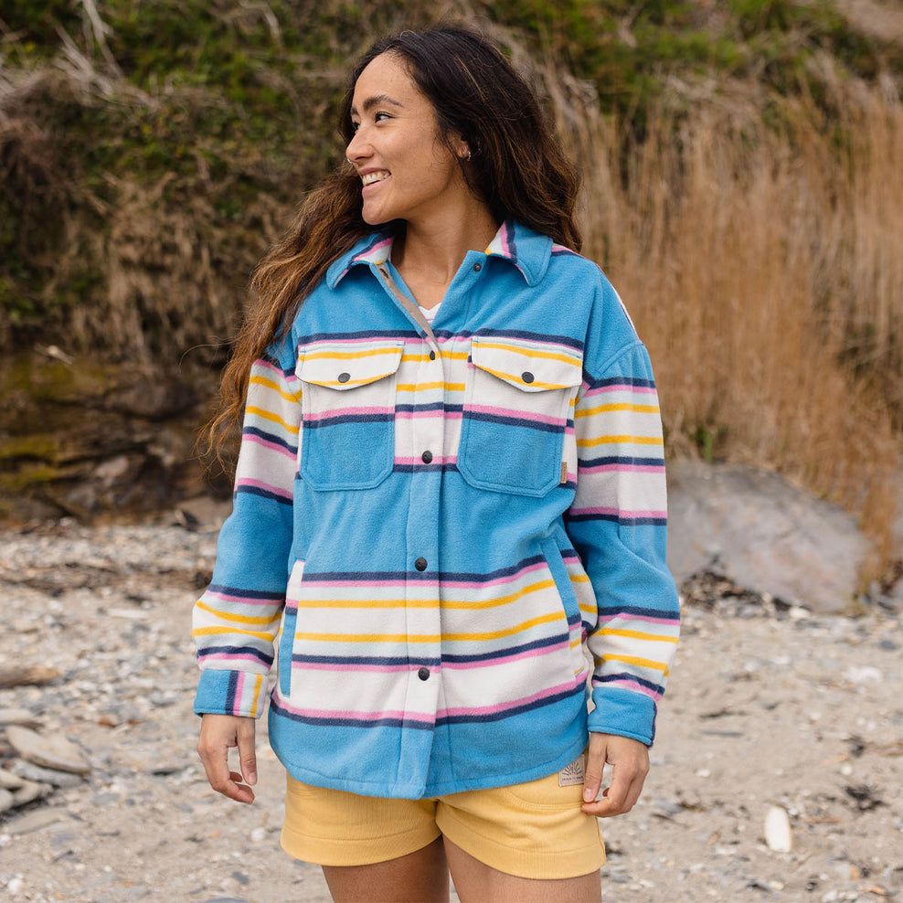 Passenger East Recycled Polar Fleece Shirt Soft Cobalt Mix Up Stripe