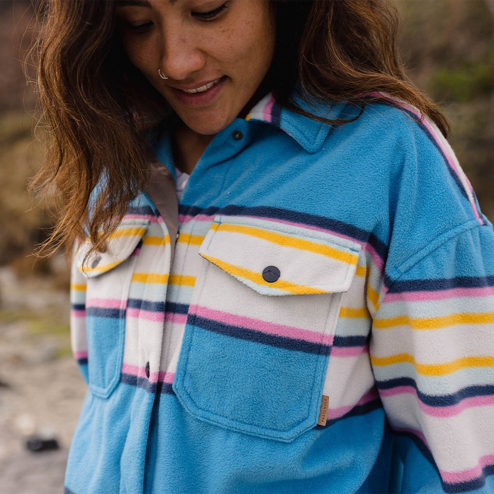 Passenger East Recycled Polar Fleece Shirt Soft Cobalt Mix Up Stripe