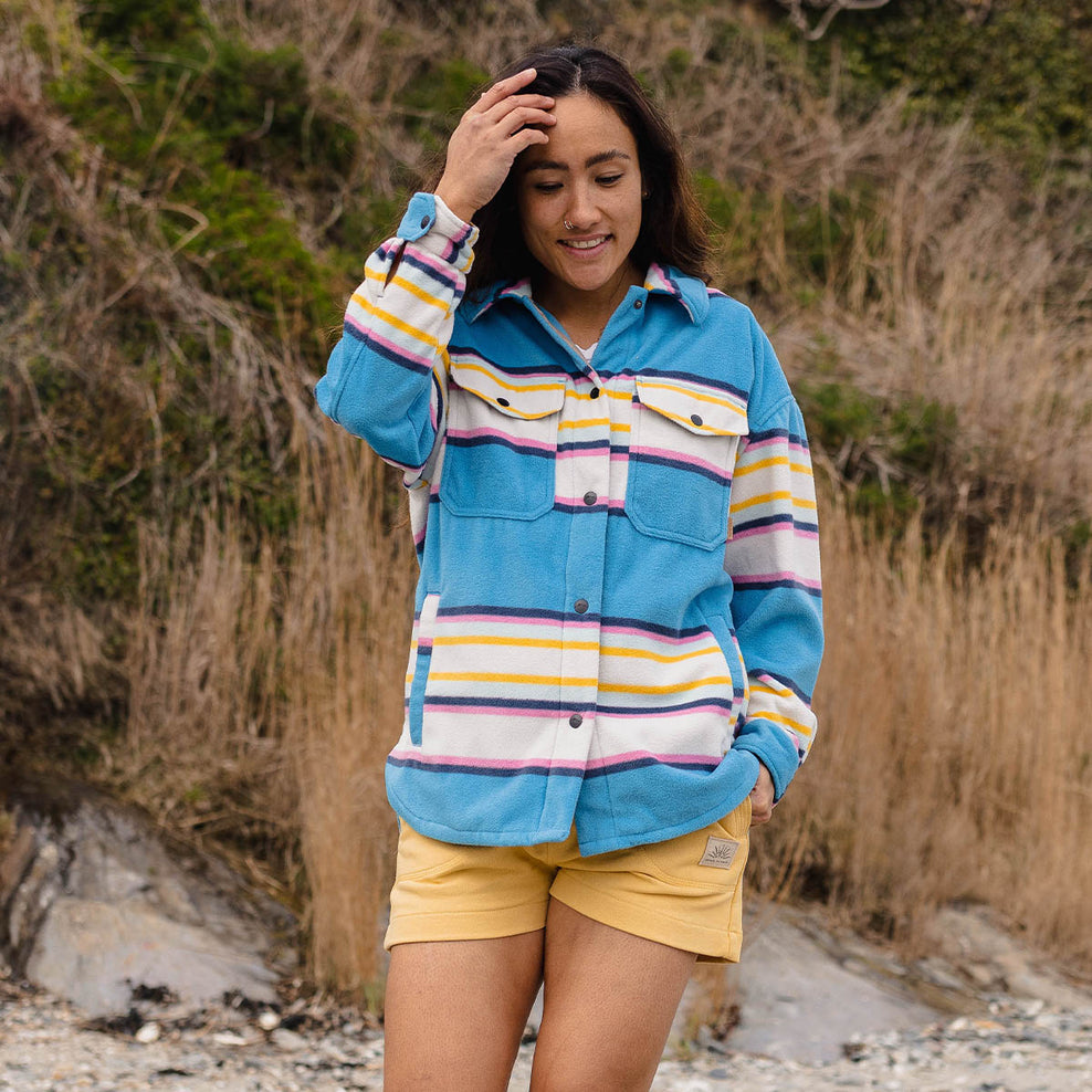 Passenger East Recycled Polar Fleece Shirt Soft Cobalt Mix Up Stripe