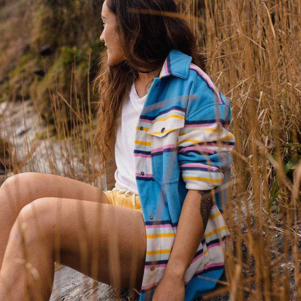 Passenger East Recycled Polar Fleece Shirt Soft Cobalt Mix Up Stripe