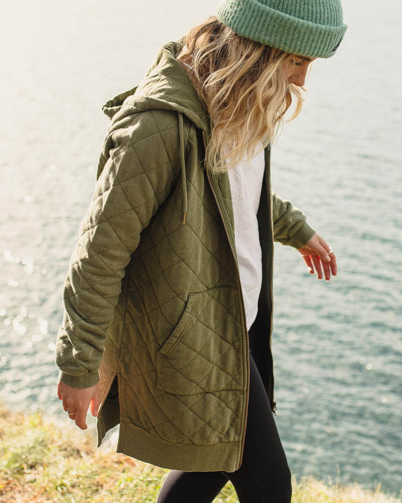 Passenger Getaway Recycled Cotton Quilted Full Zip Hoodie Khaki