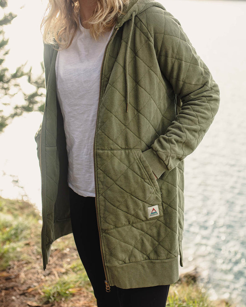 Passenger Getaway Recycled Cotton Quilted Full Zip Hoodie Khaki