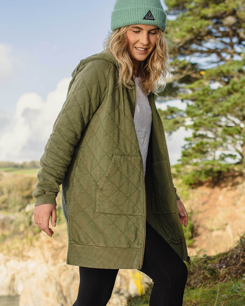 Passenger Getaway Recycled Cotton Quilted Full Zip Hoodie Khaki