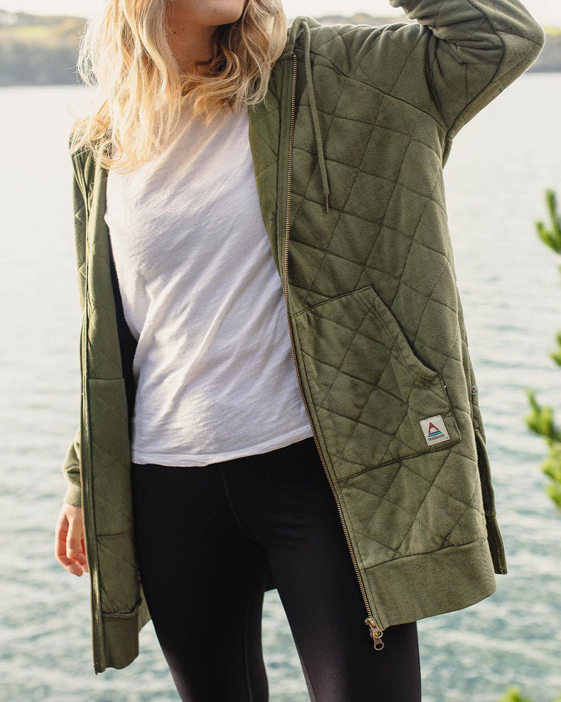 Passenger Getaway Recycled Cotton Quilted Full Zip Hoodie Khaki