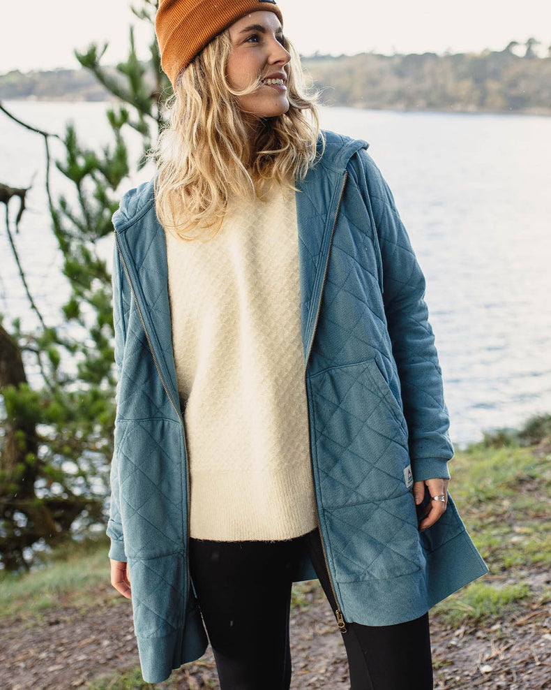 Passenger Getaway Recycled Cotton Quilted Full Zip Hoodie Washed Blue