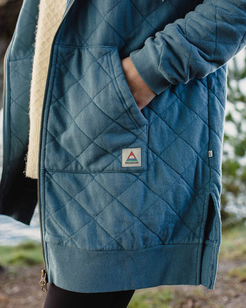 Passenger Getaway Recycled Cotton Quilted Full Zip Hoodie Washed Blue