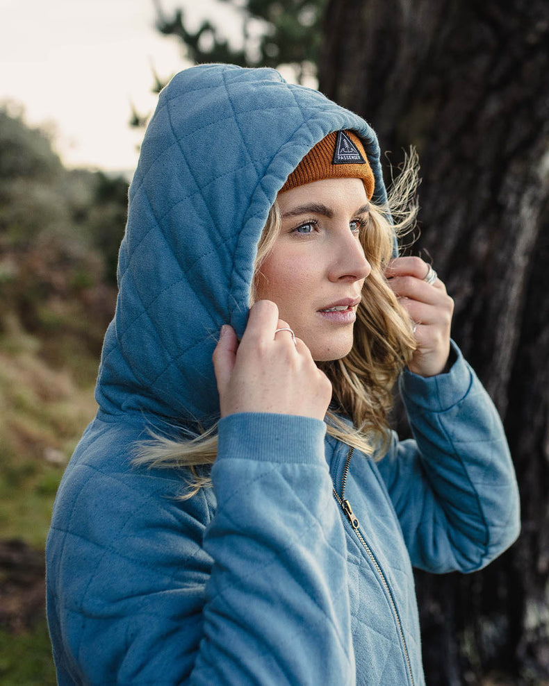 Passenger Getaway Recycled Cotton Quilted Full Zip Hoodie Washed Blue